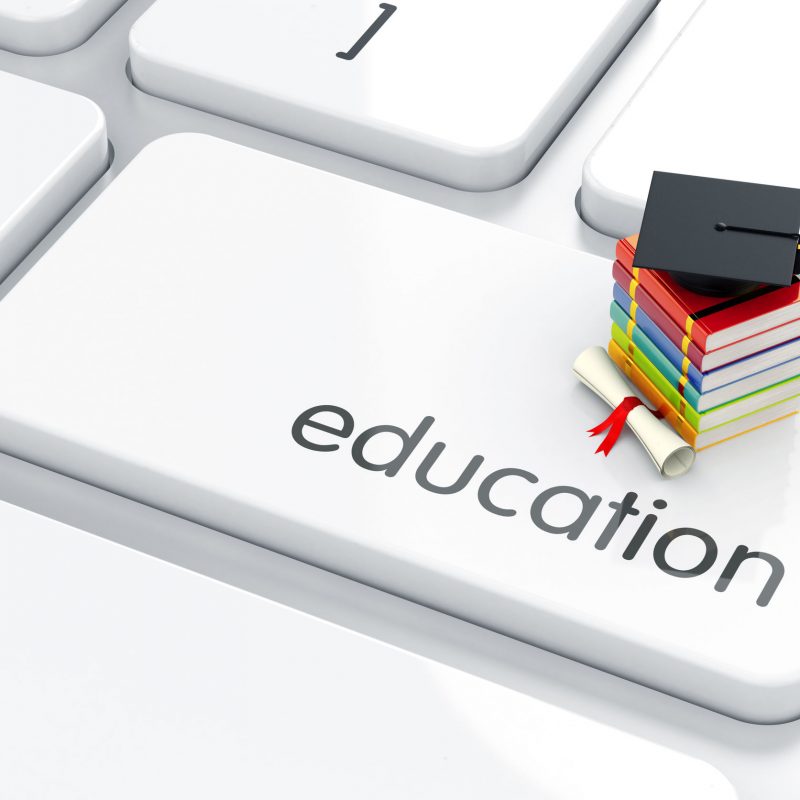 3d render of graduation cap with books icon on the keyboard. Education concept